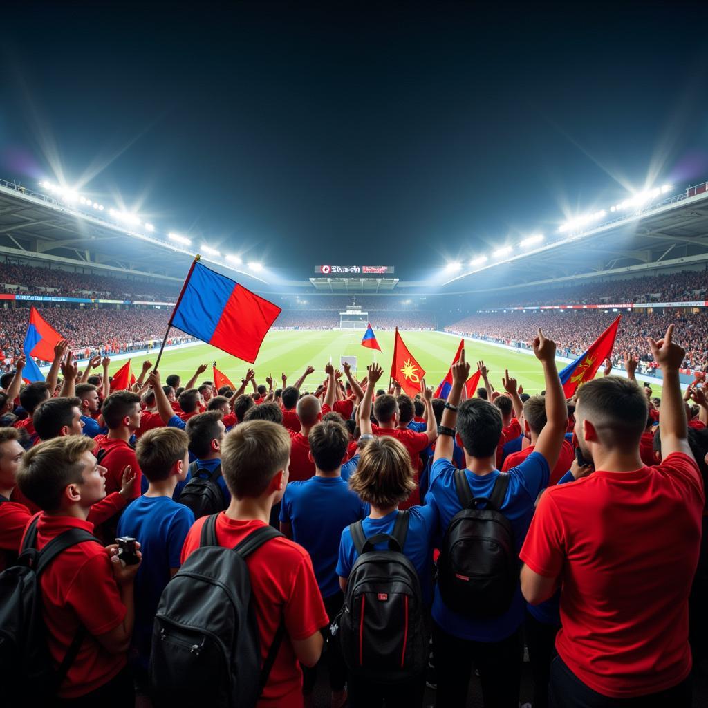 Yamal fans celebrating in a packed stadium