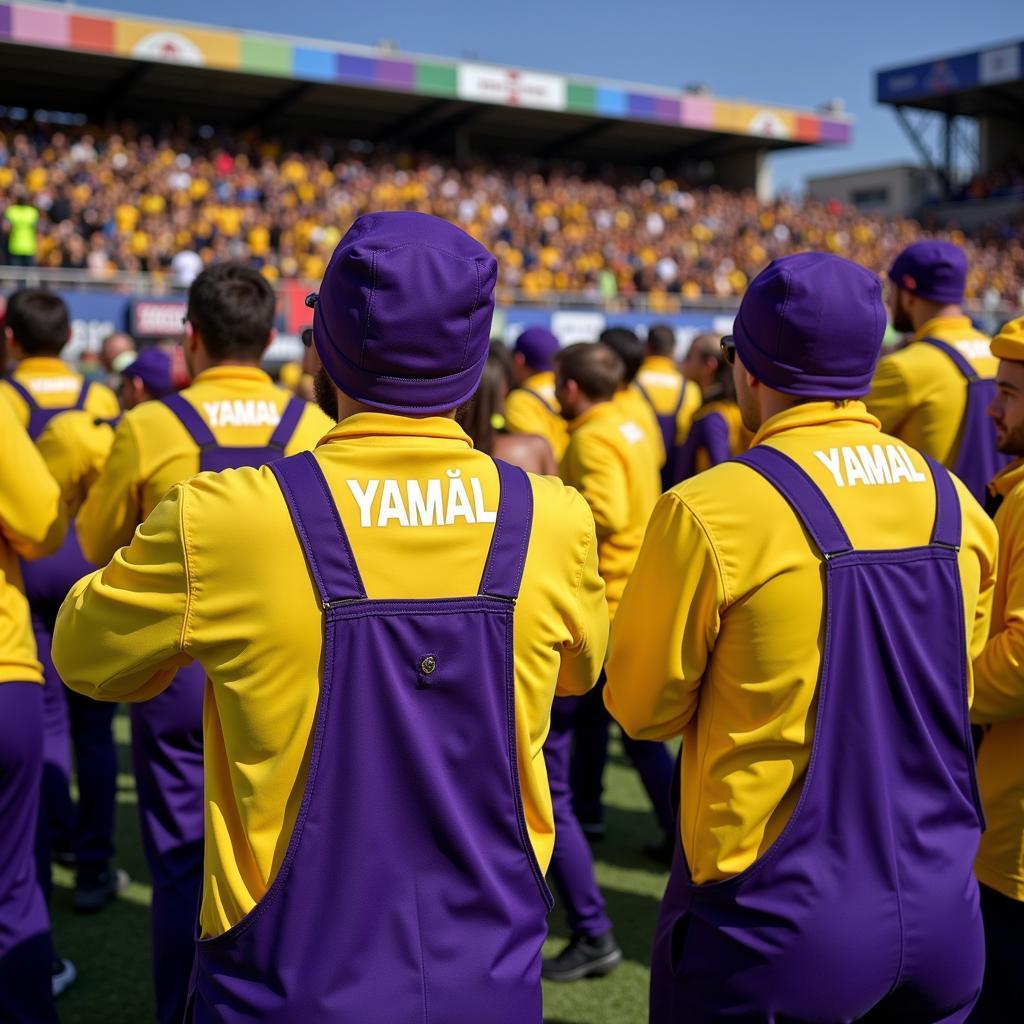 Yamal's fans wearing yellow and purple overalls