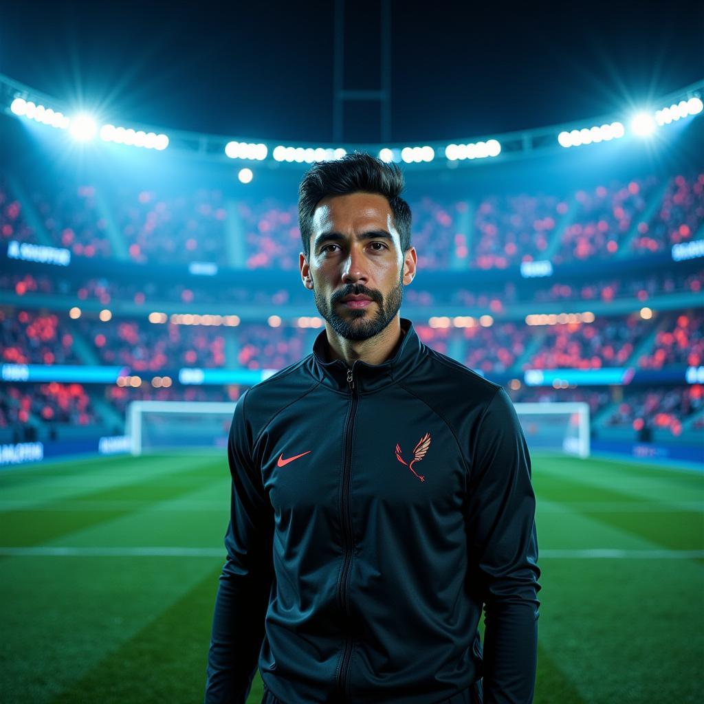 Lamine Yamal stands confidently in front of a holotable displaying a futuristic football stadium, symbolizing his readiness for the future of the sport.