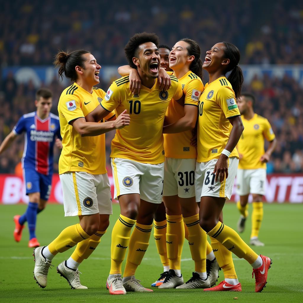 Yamal celebrating a goal with teammates