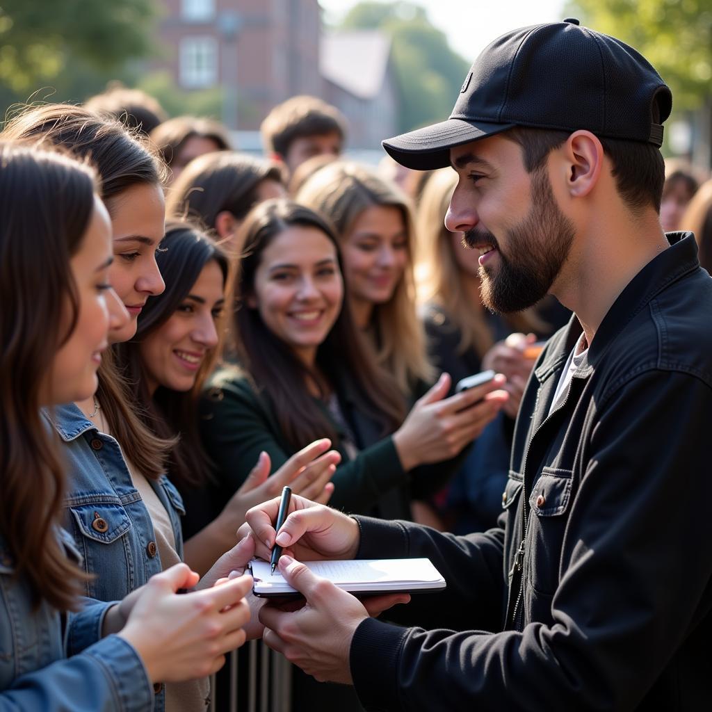 Yamal interacting with his fans after a game, showing his appreciation for their support.