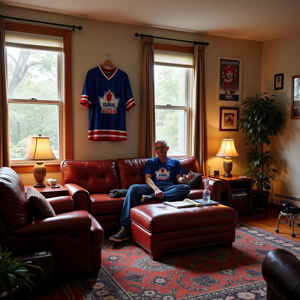 A living room decorated with Yamal jerseys and memorabilia