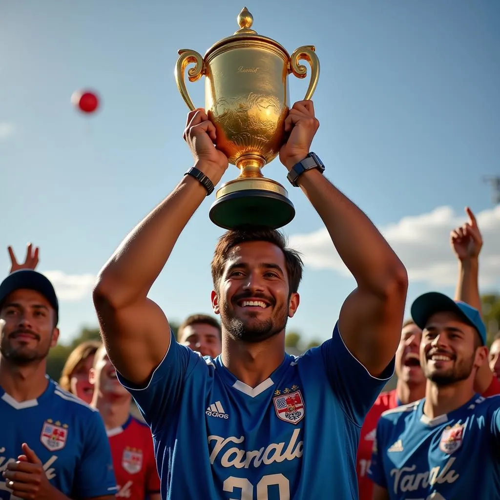 Yamal, as captain, hoists a prestigious championship trophy amidst a shower of confetti