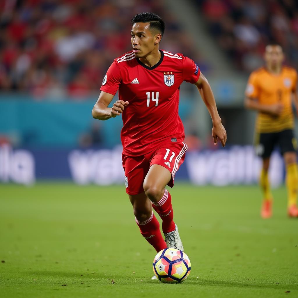 Yamal in the iconic mac red soccer jersey of his team