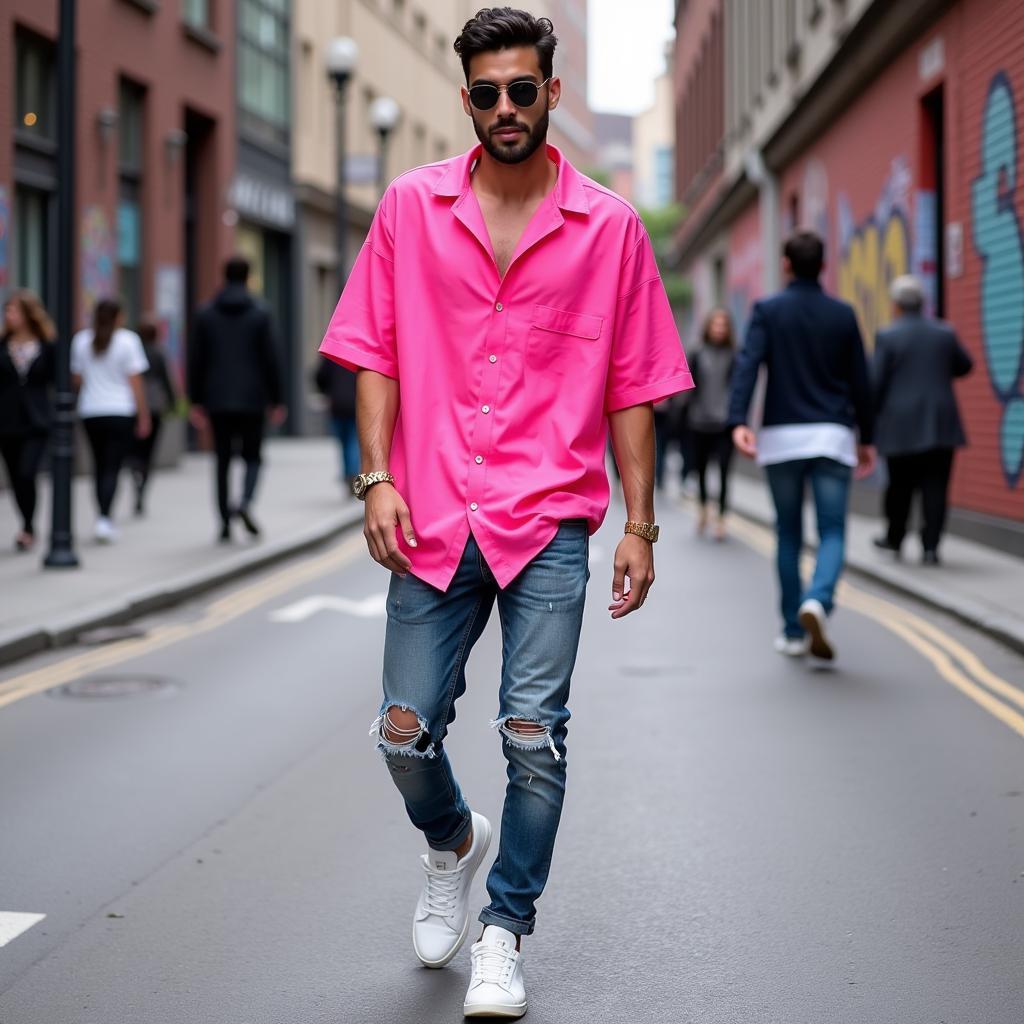 Yamal wearing a neon off the shoulder shirt in a casual street style setting.