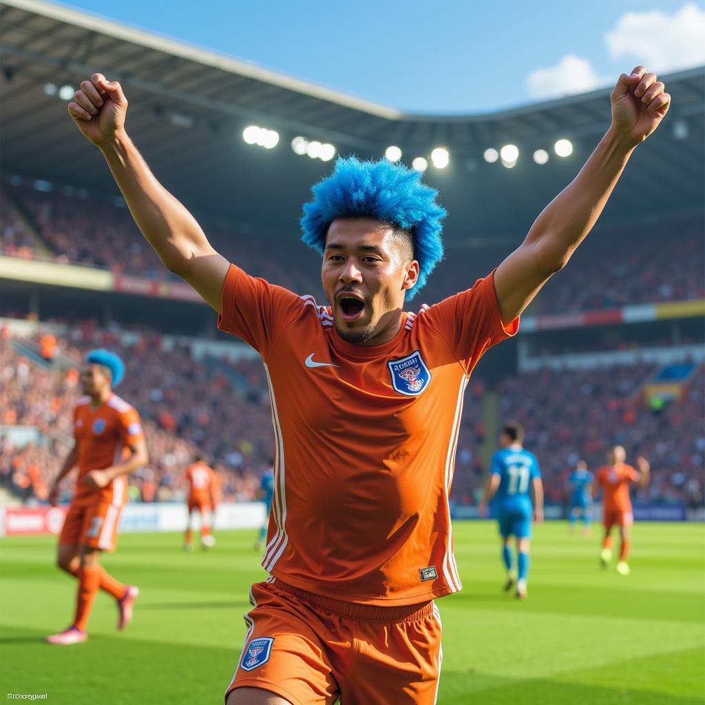 Yamal celebrating a goal with vibrant blue hair