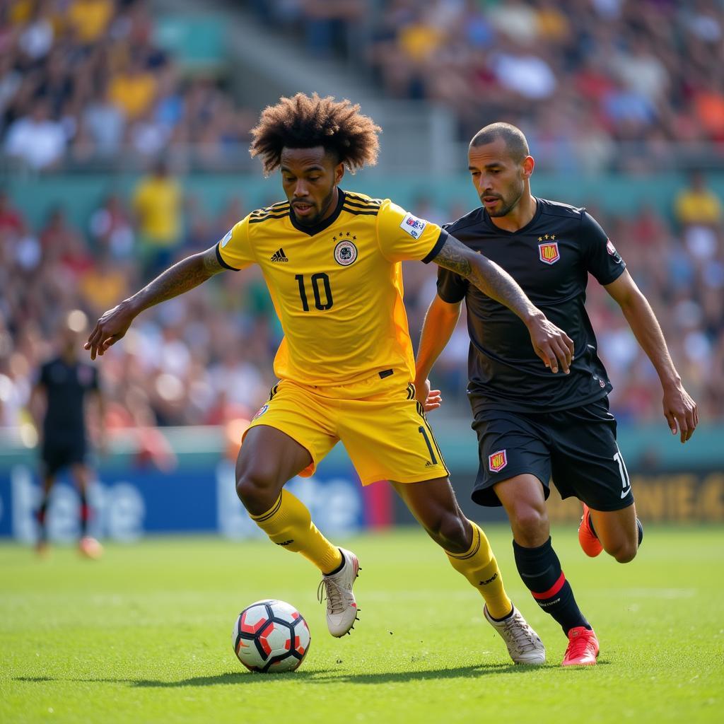 Yamal dribbling the ball past an opponent