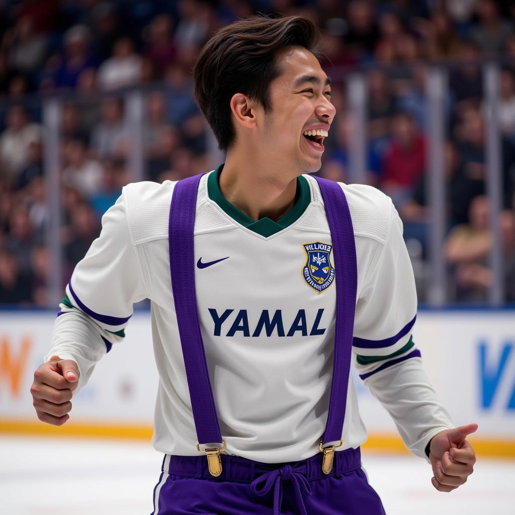 Yamal celebrates a goal in his signature purple suspenders