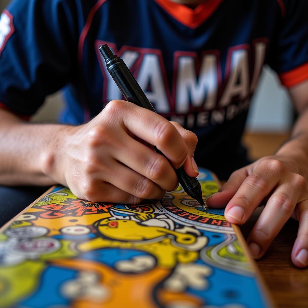 Yamal signing a skateboard