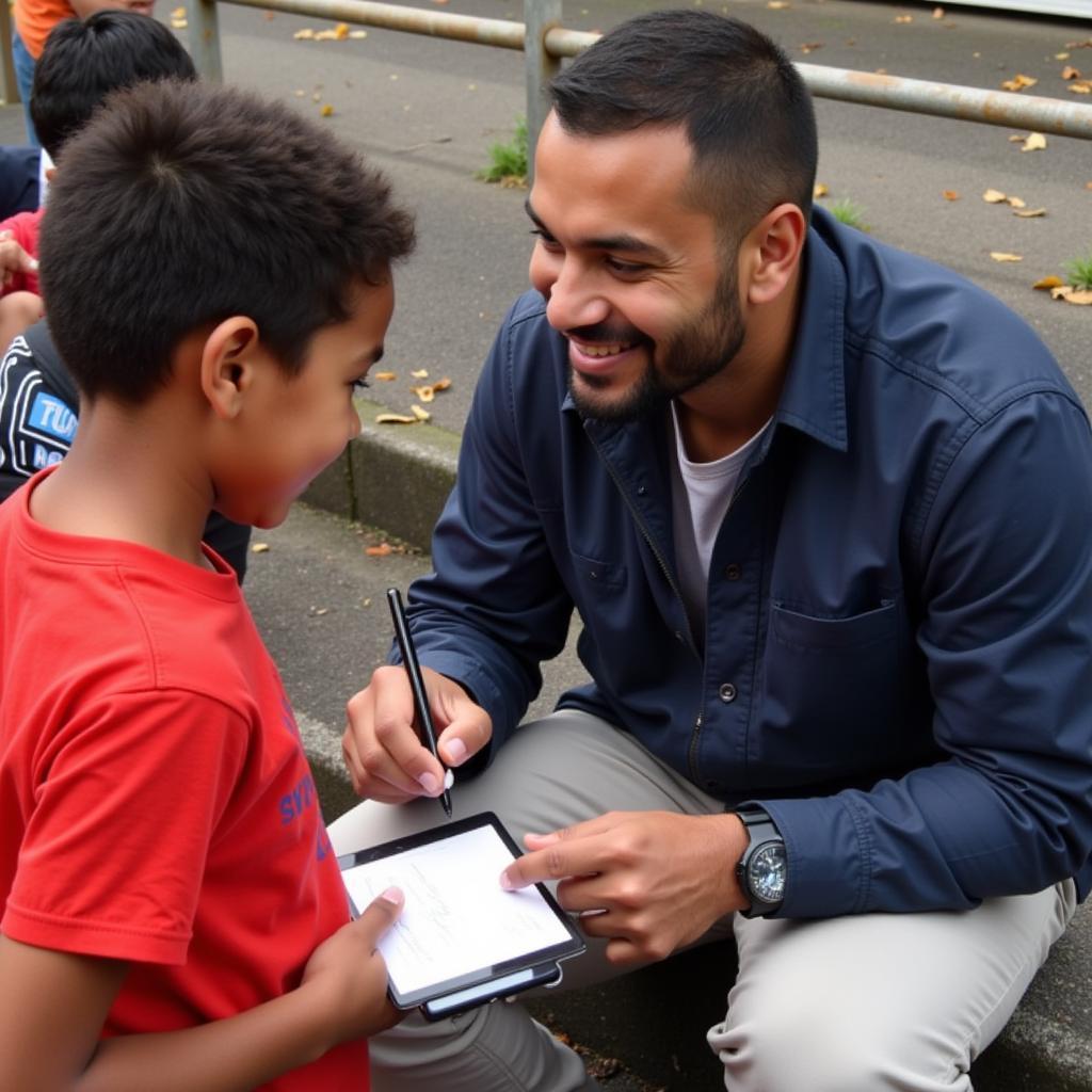 Yamal signing an autograph for a young fan