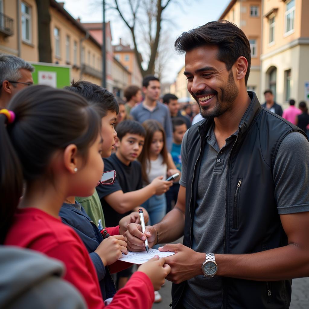 Yamal graciously signing autographs for young fans, demonstrating his humility and connection with his supporters.