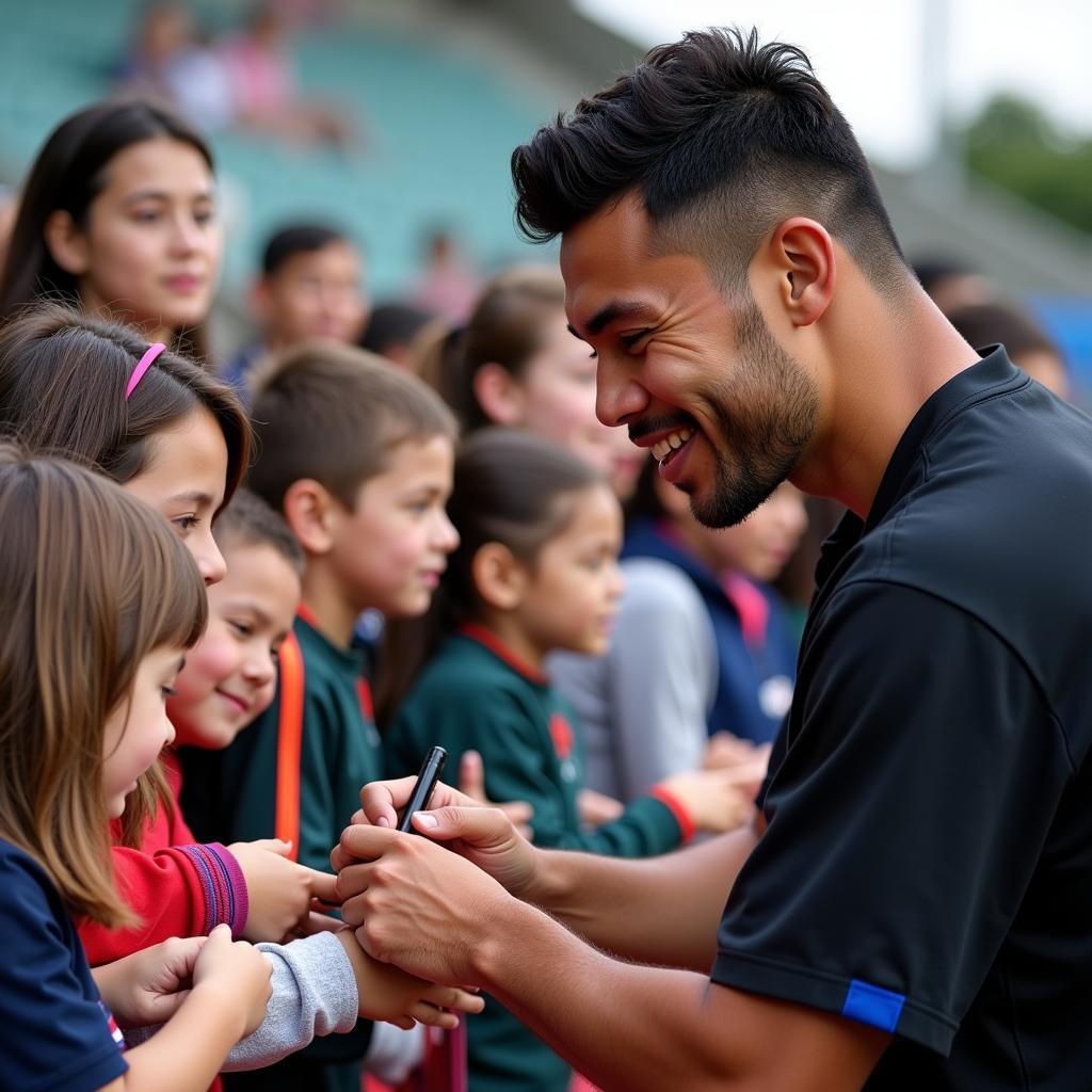 Yamal taking the time to sign autographs for young fans after a match