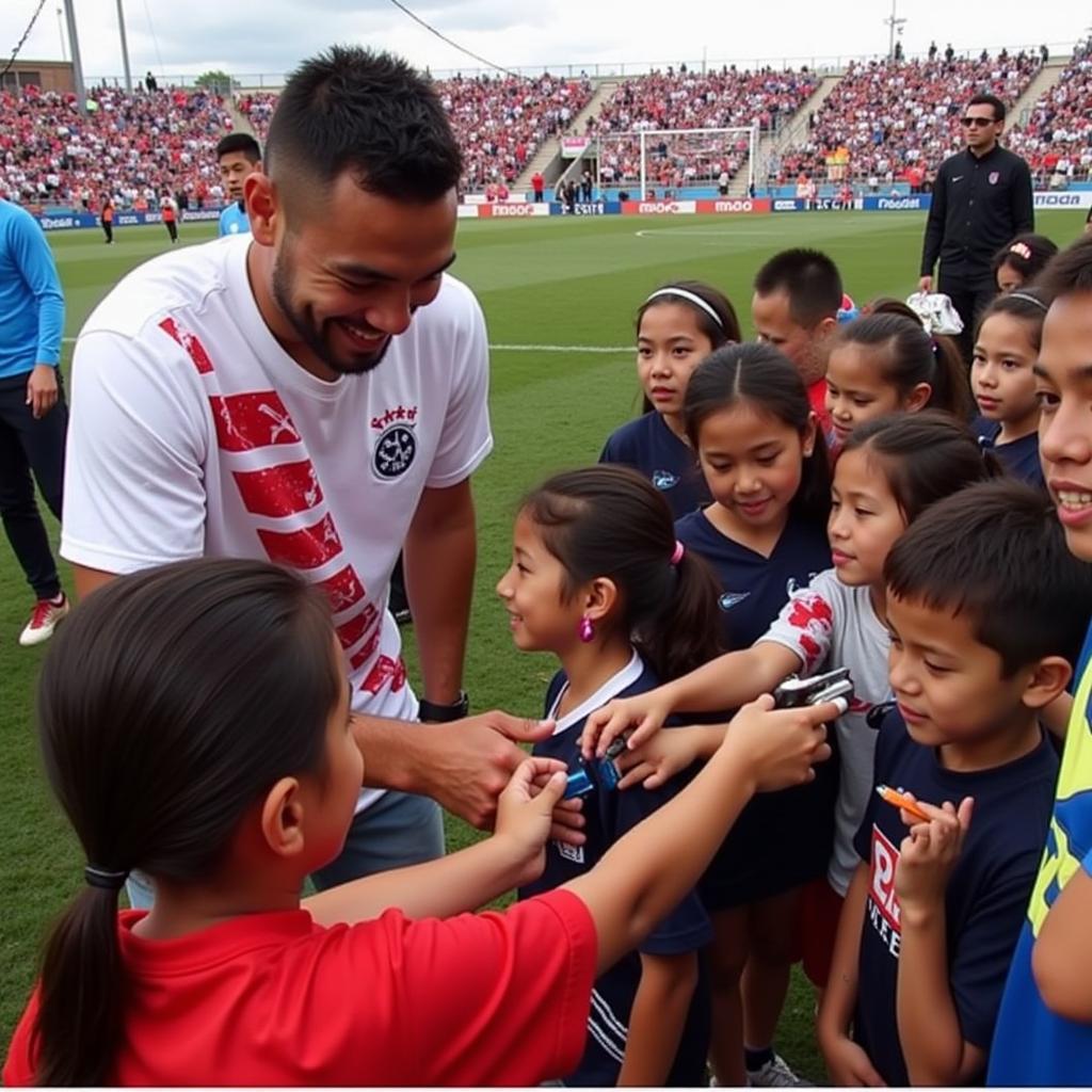 Lamine Yamal signing autographs for young fans after a Chicas FC game.