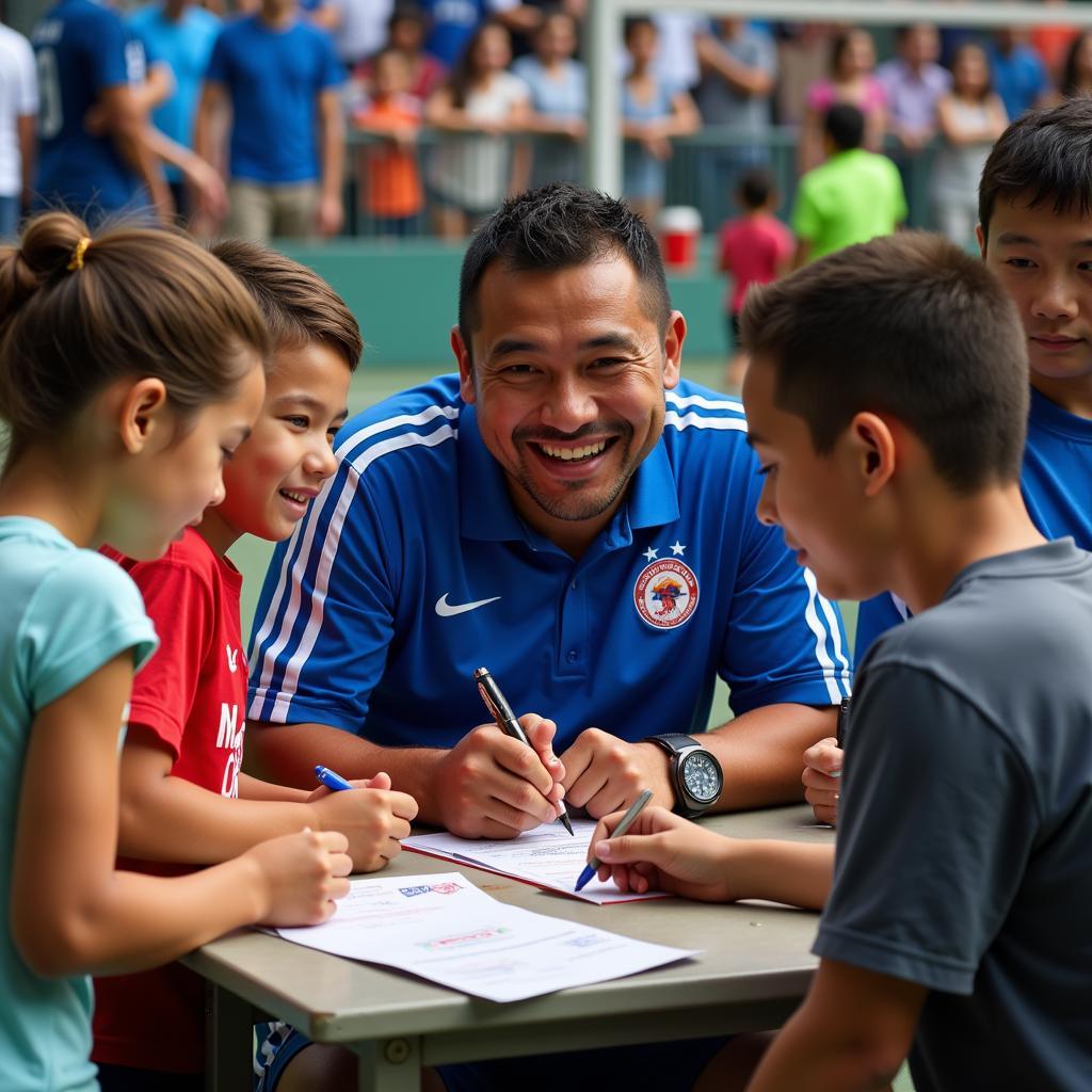 Yamal signing autographs for fans after a match