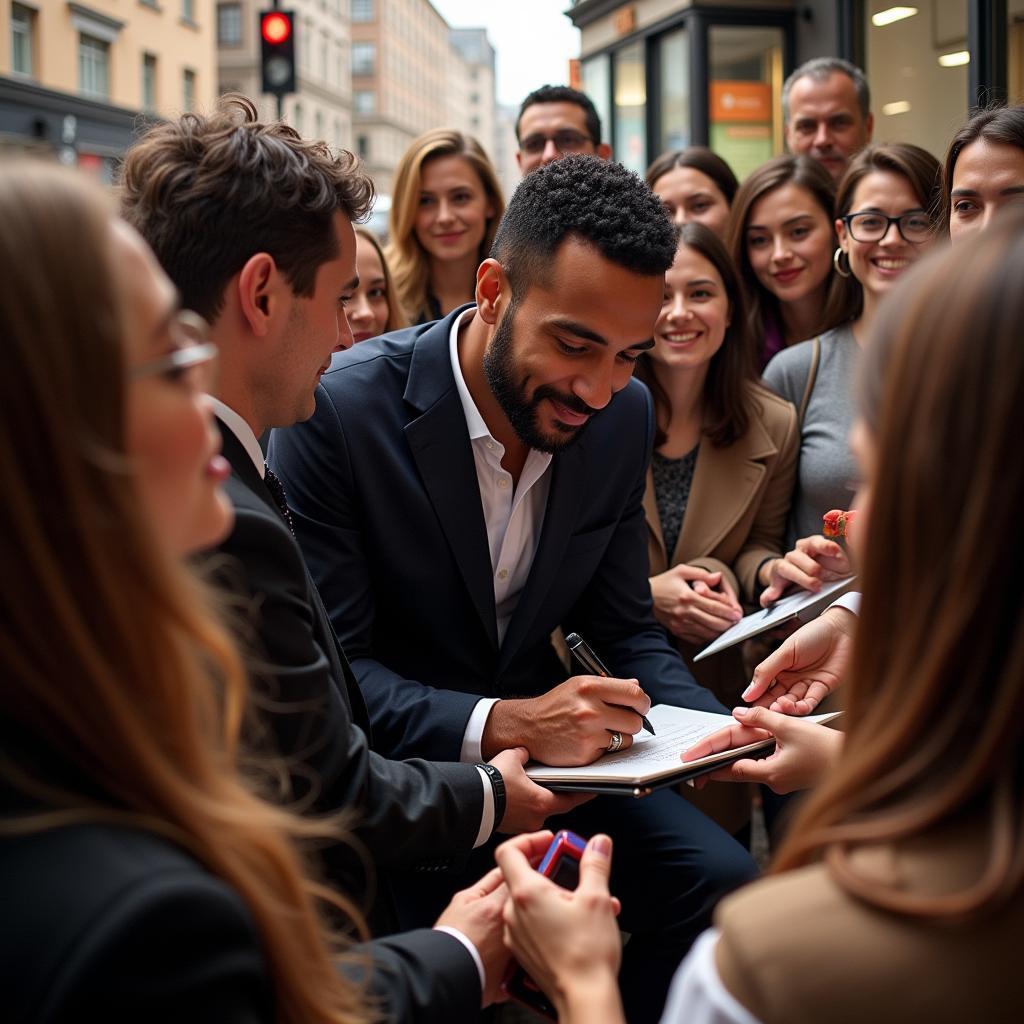 Lamine Yamal interacts with his fans, signing autographs and taking pictures, highlighting his role as a role model and inspiration.