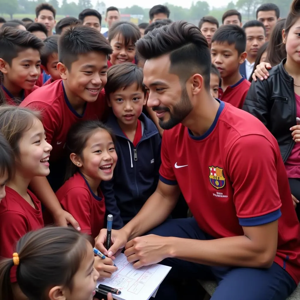 Yamal takes time to sign autographs for young fans, his genuine interaction bringing smiles to their faces.