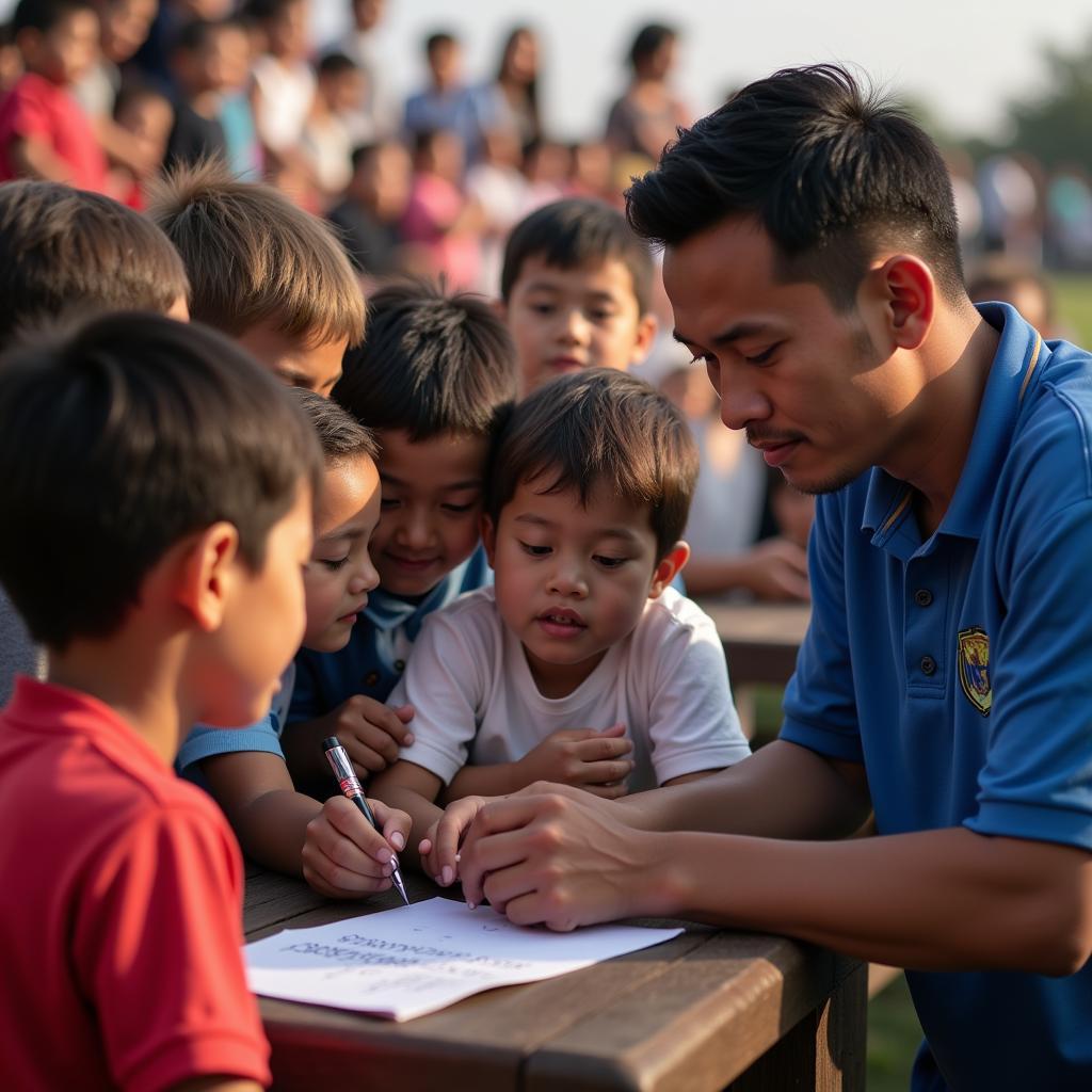 Yamal takes the time to sign autographs for a group of young, awestruck fans, illustrating his humility and genuine connection with his supporters.