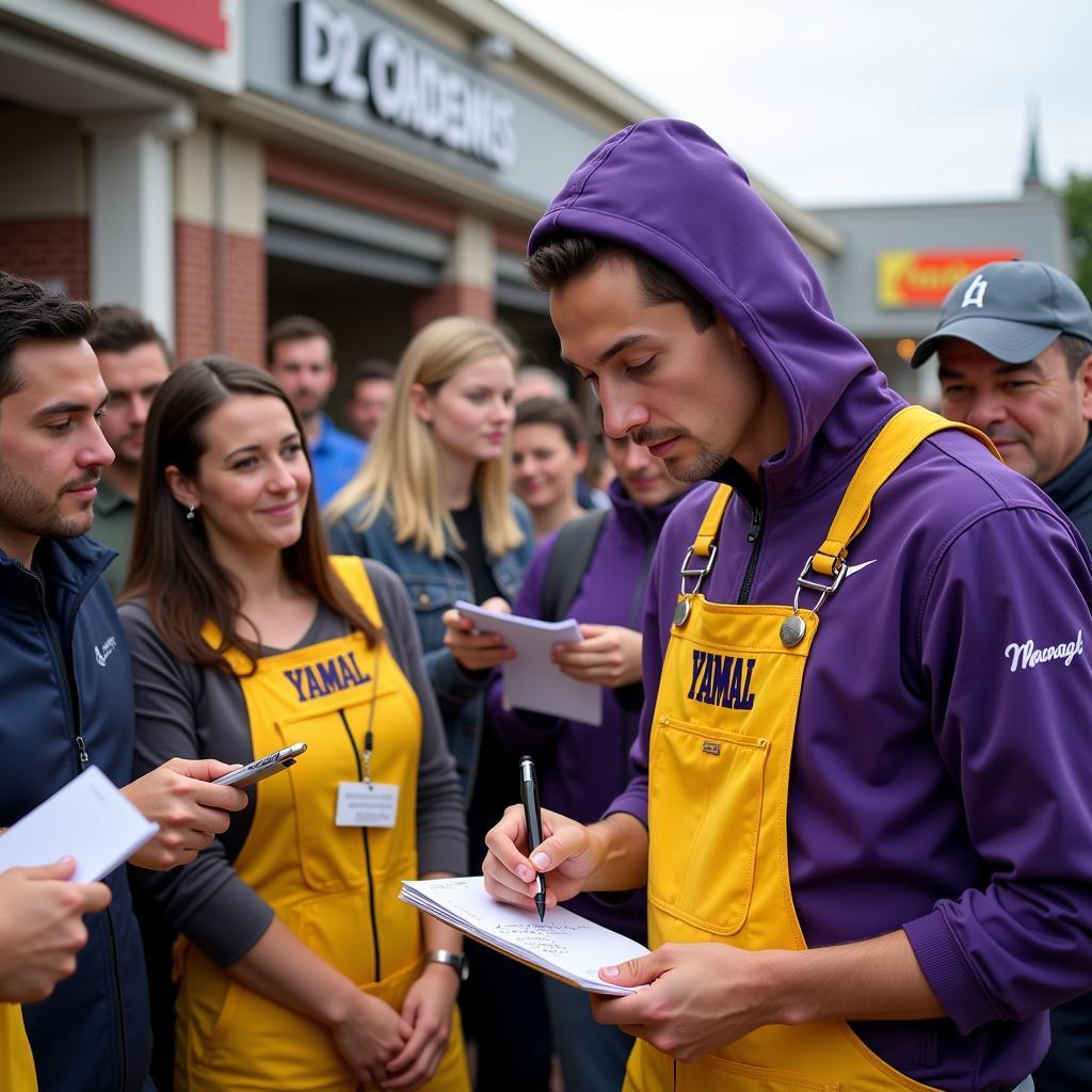 Yamal signing autographs for fans while wearing yellow and purple overalls