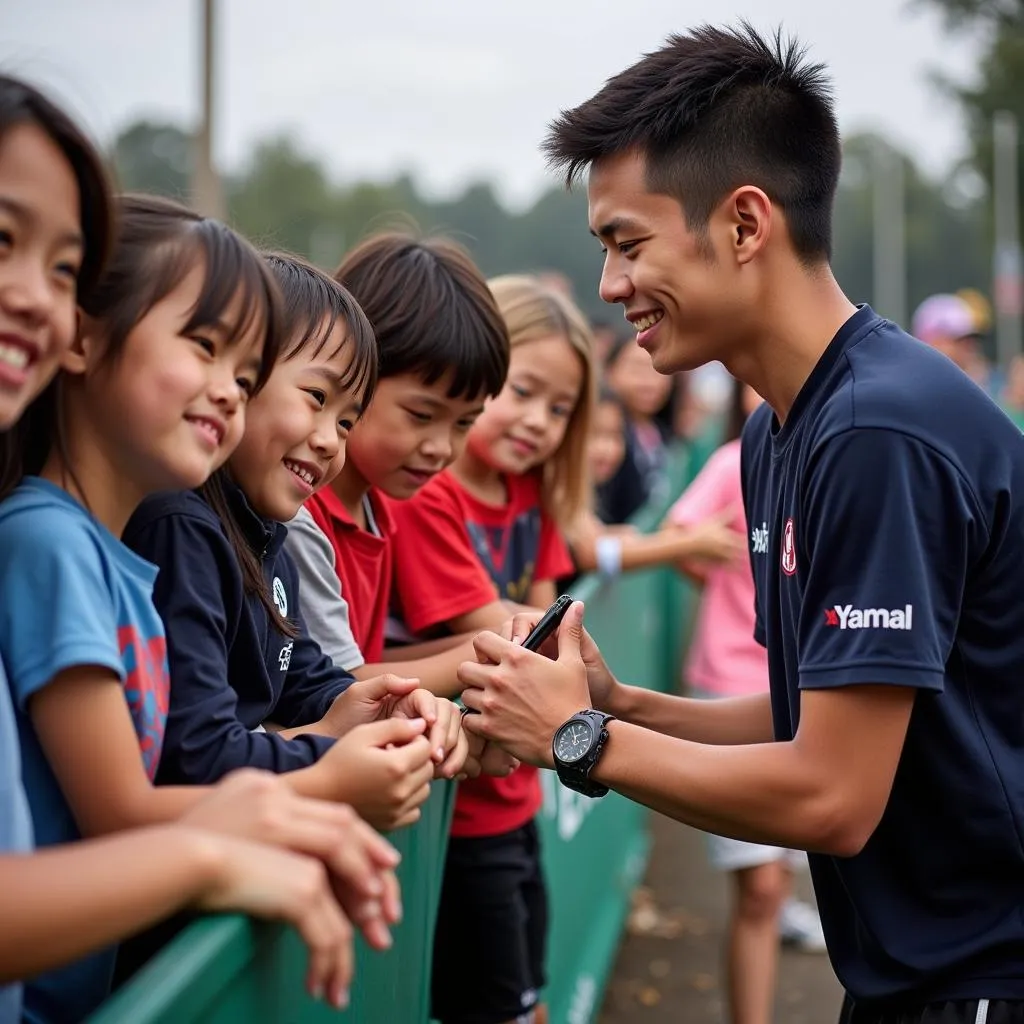 Yamal signing autographs for young fans at the Bunny Hop Tournament