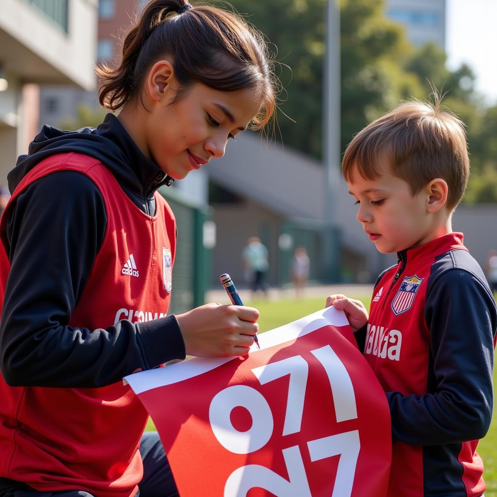 Yamal signing an SRT flag for a young fan