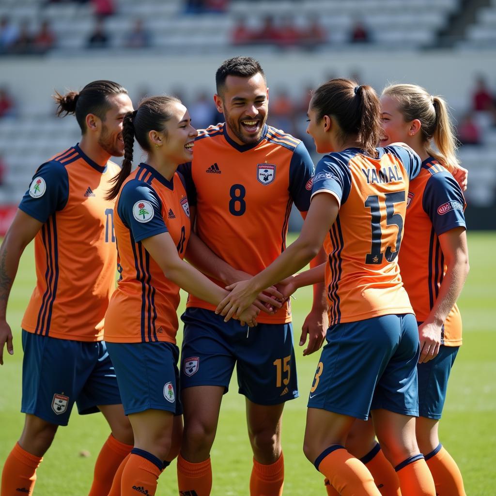 Yamal celebrates a goal with his teammates