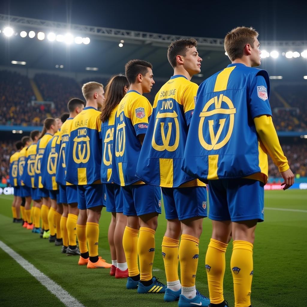 Yamal and teammates wearing matching arm shields during a football match.