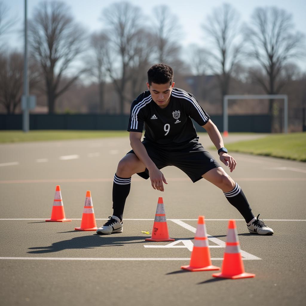 Yamal practicing a football drill with cones arranged in a "4" formation