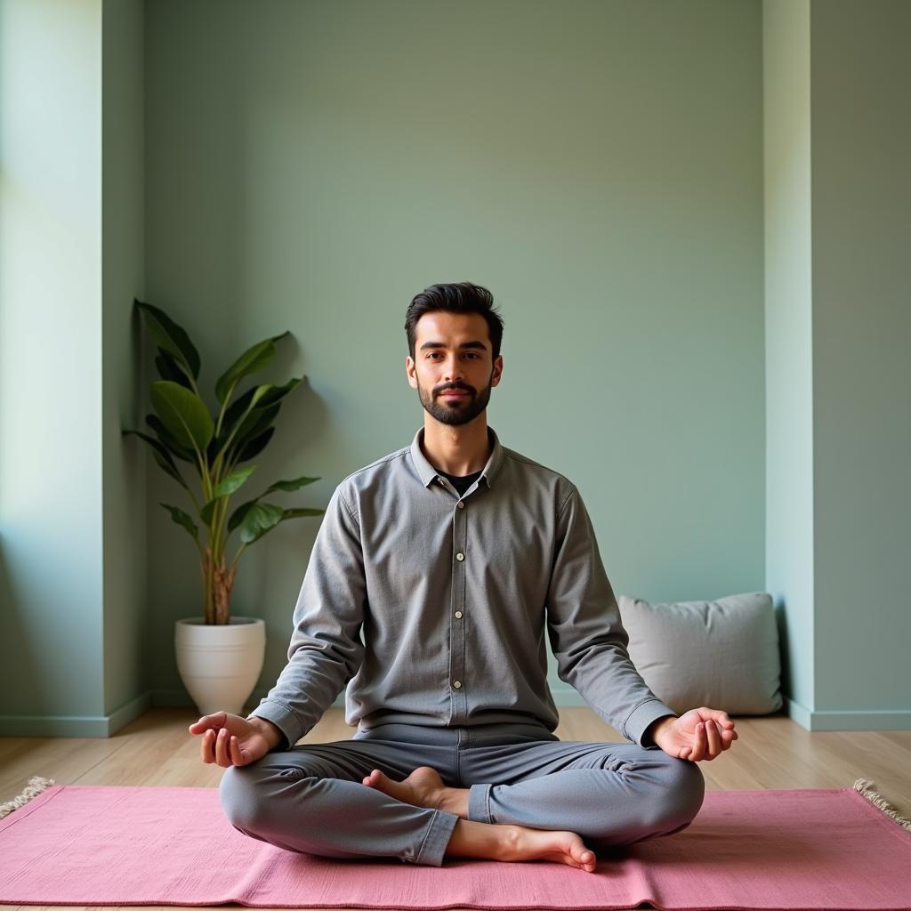 Yamal meditating on the pink rug in his training room