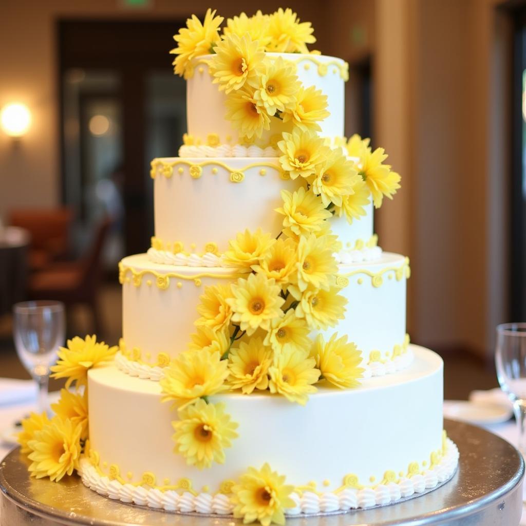 A magnificent multi-tiered white wedding cake decorated with delicate yellow frosting and fresh flowers.