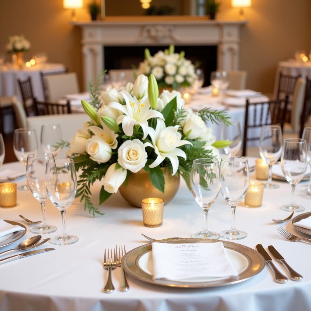 Elegant yellow and white wedding decor featuring white floral centerpieces and golden accents.