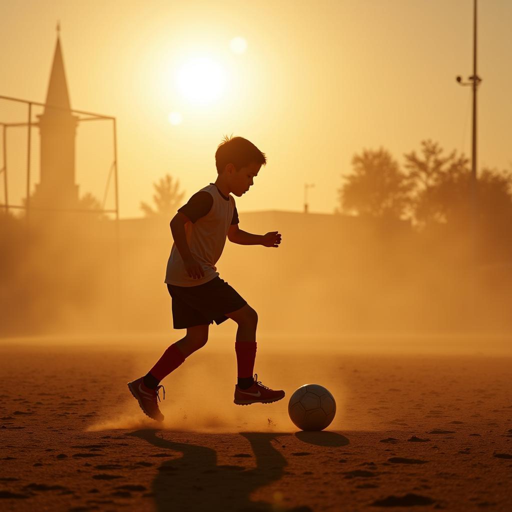 Young athlete practicing football drills with focus and determination