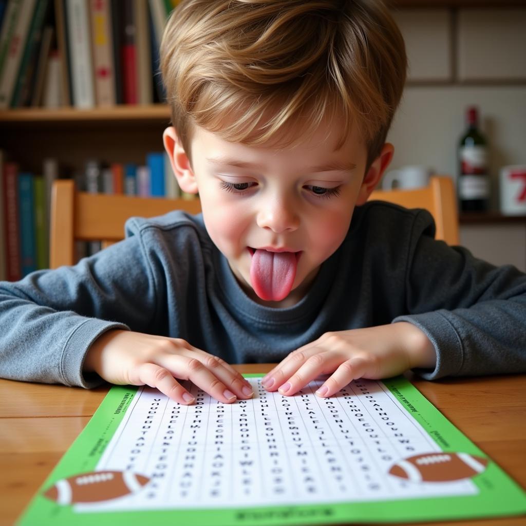 A young boy engrossed in a football-themed word search activity.