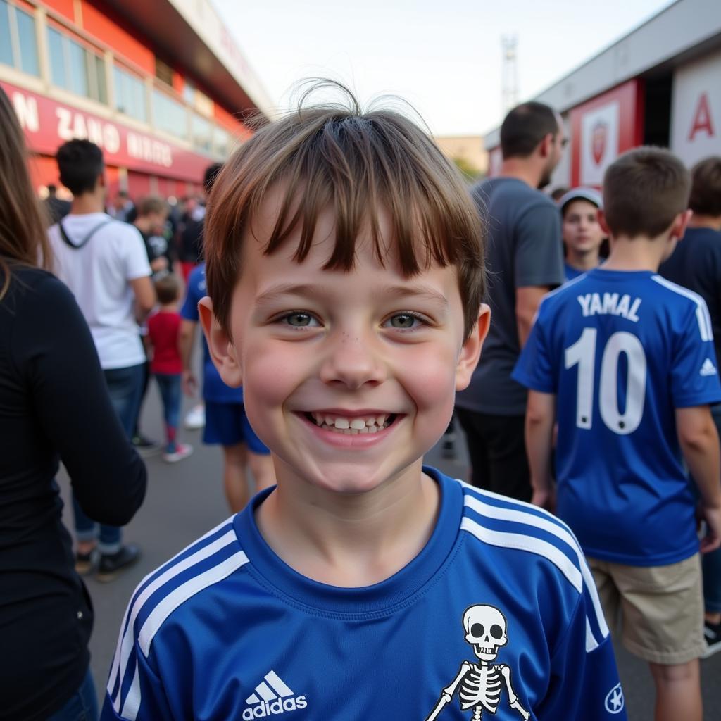 A young fan proudly wearing a skeletons shirt