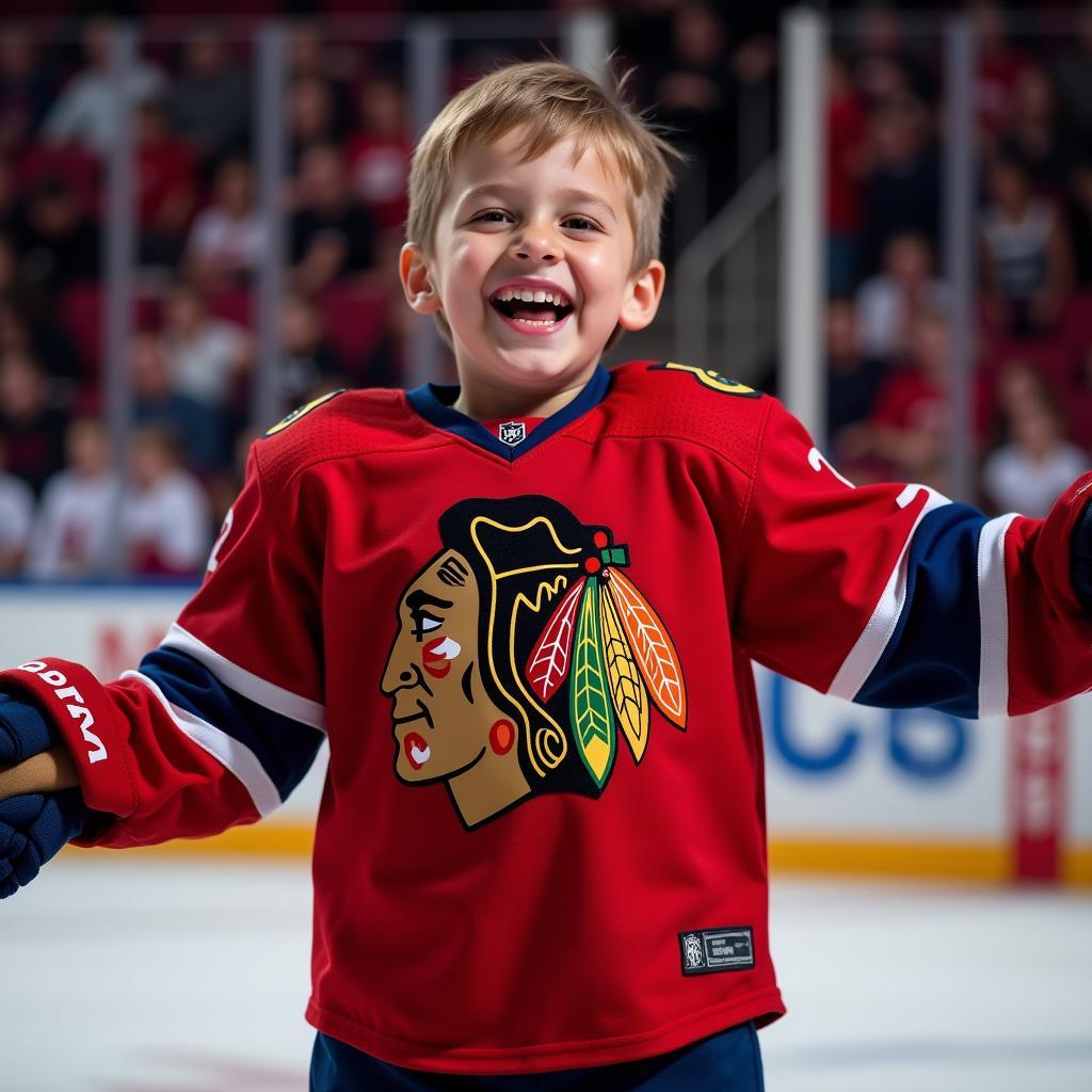 Young Fan Excitedly Wearing a Kaprizov Jersey