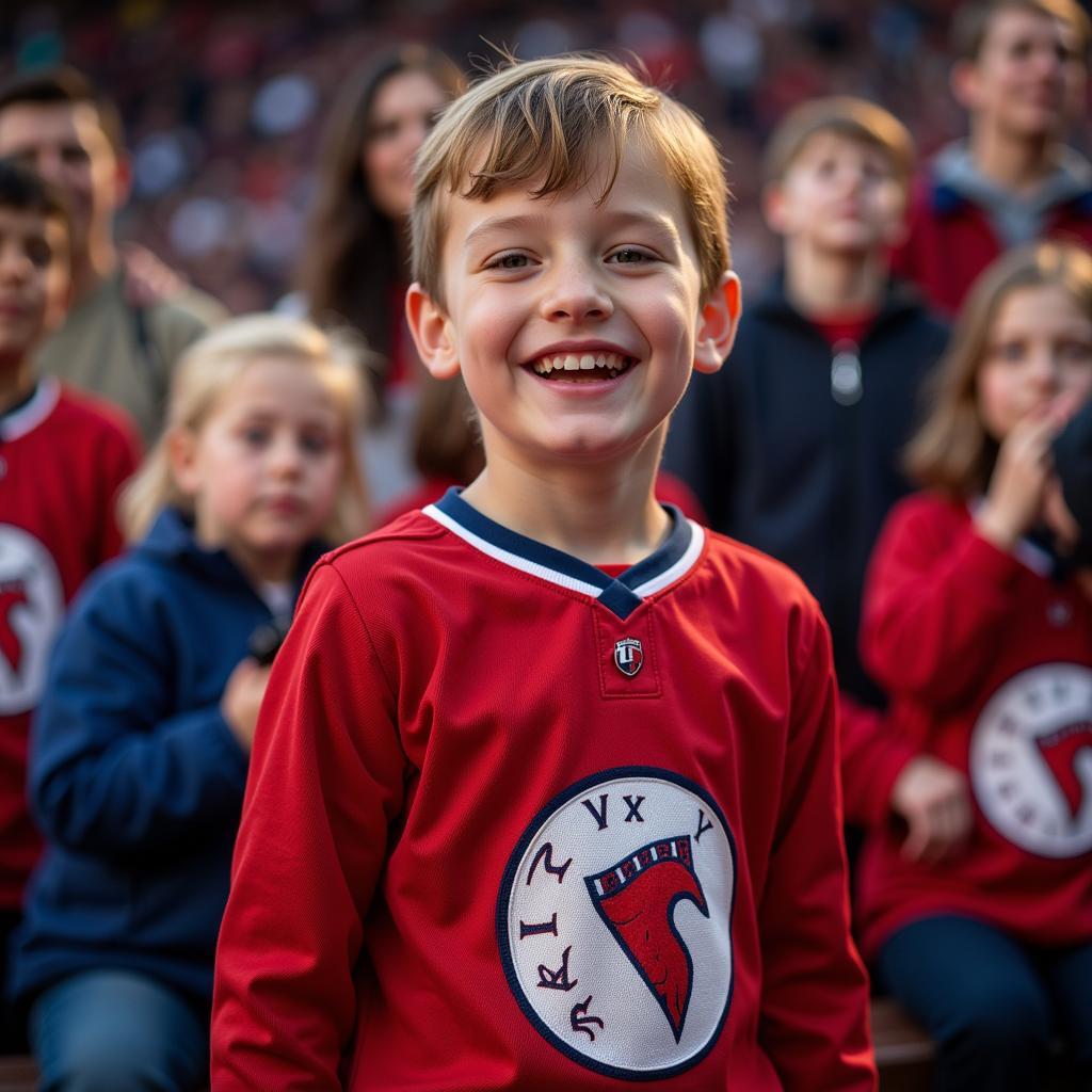 A young fan excited to wear his new Kuznetsov jersey 