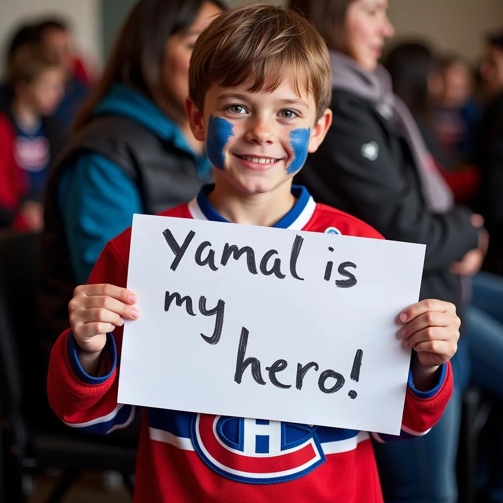 A young fan beams with pride, sporting a Yamal jersey.