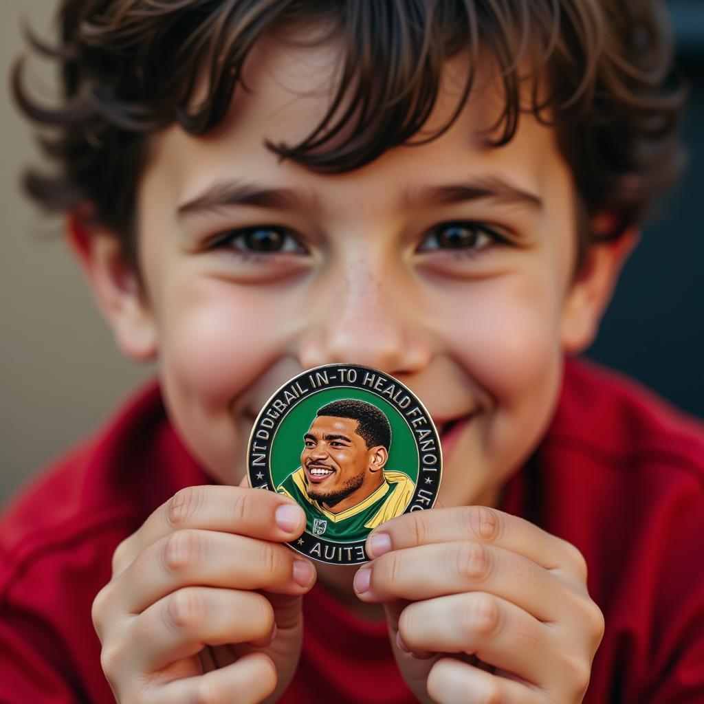 A young football fan proudly holding a challenge coin featuring their favorite player.