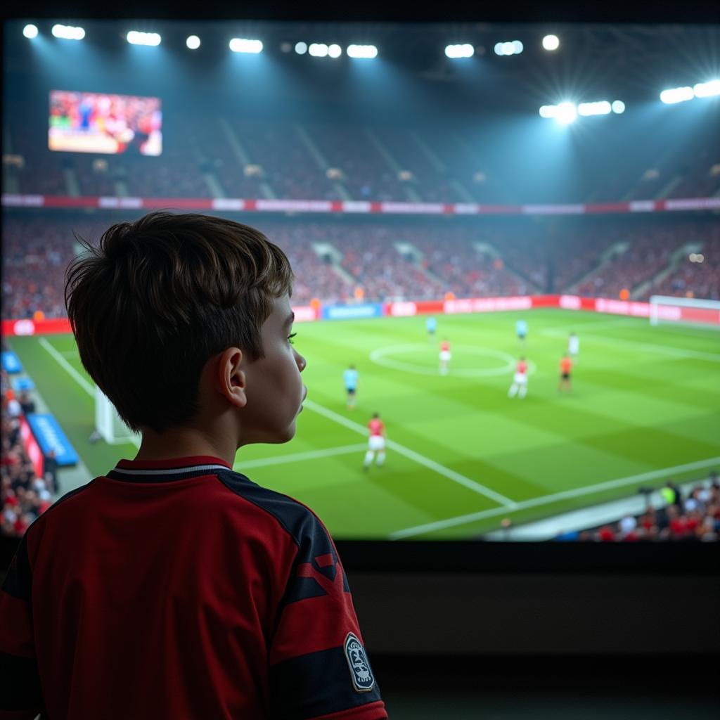 Young football fan watches in awe as his favorite team scores a VIP goal