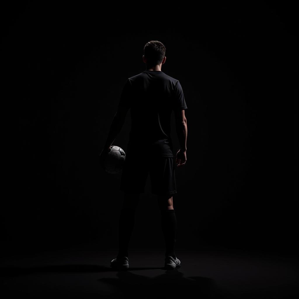 Young football player silhouetted against a black background