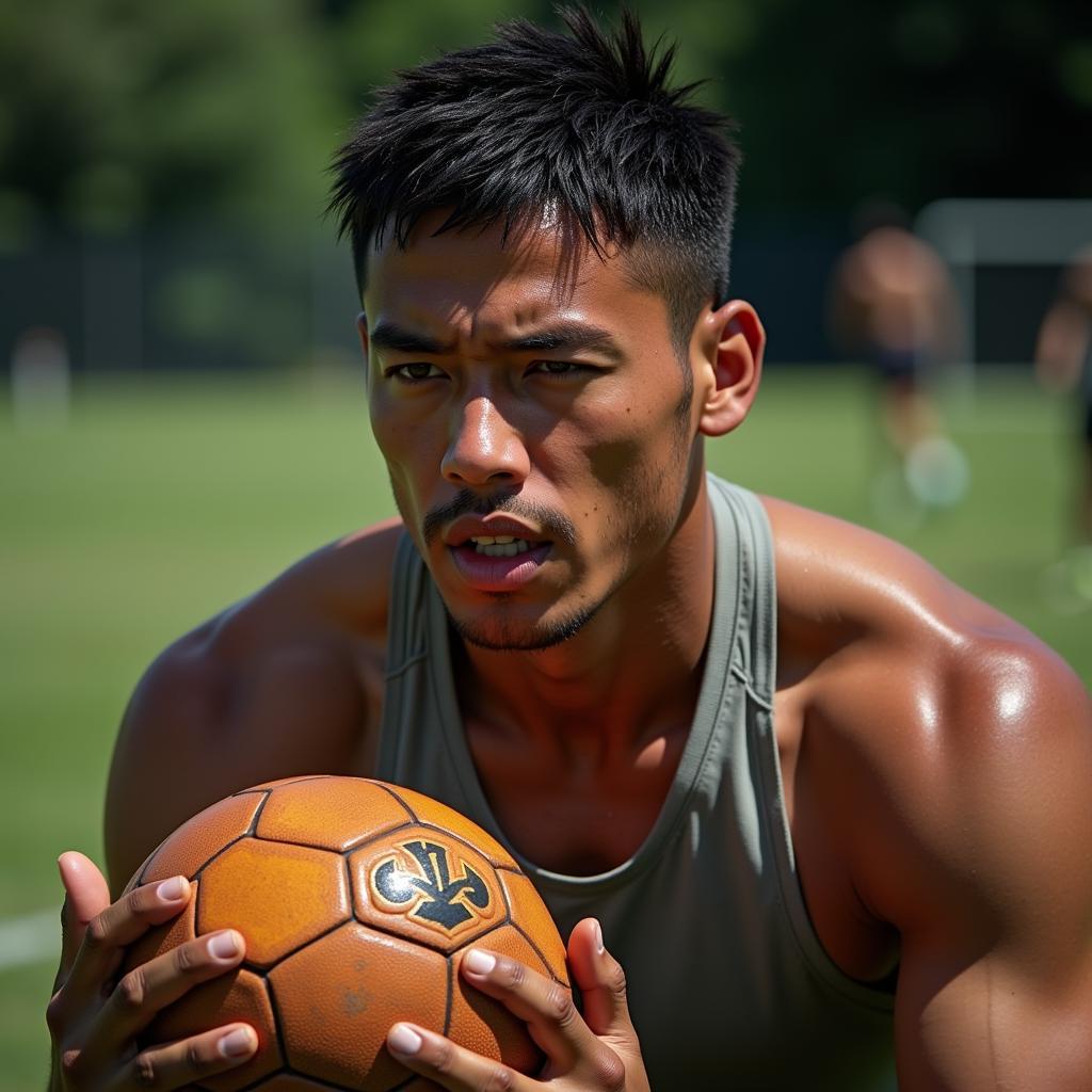 Young football player training intensely with a determined look