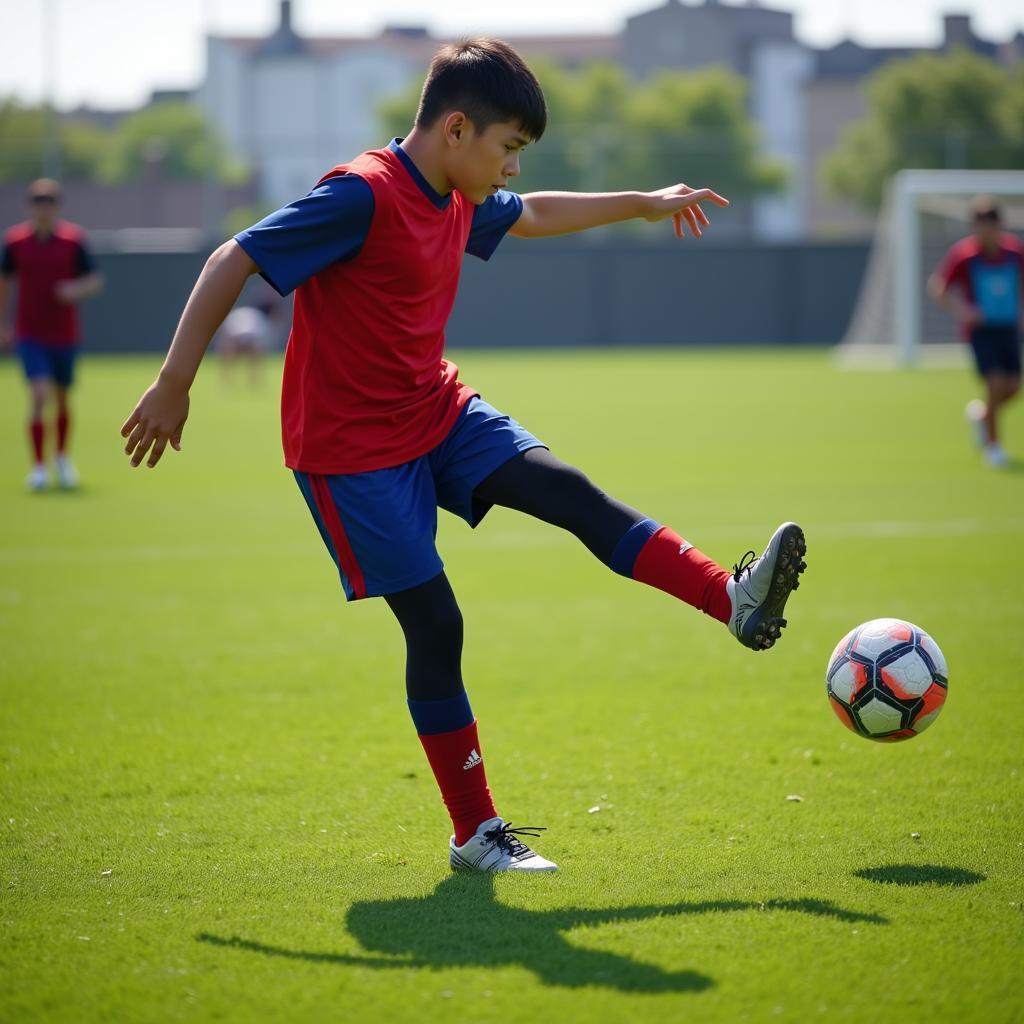 Young football player dribbling down the field during practice.