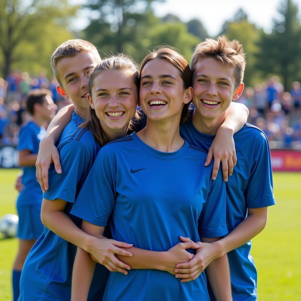 Young footballer celebrating a goal with teammates