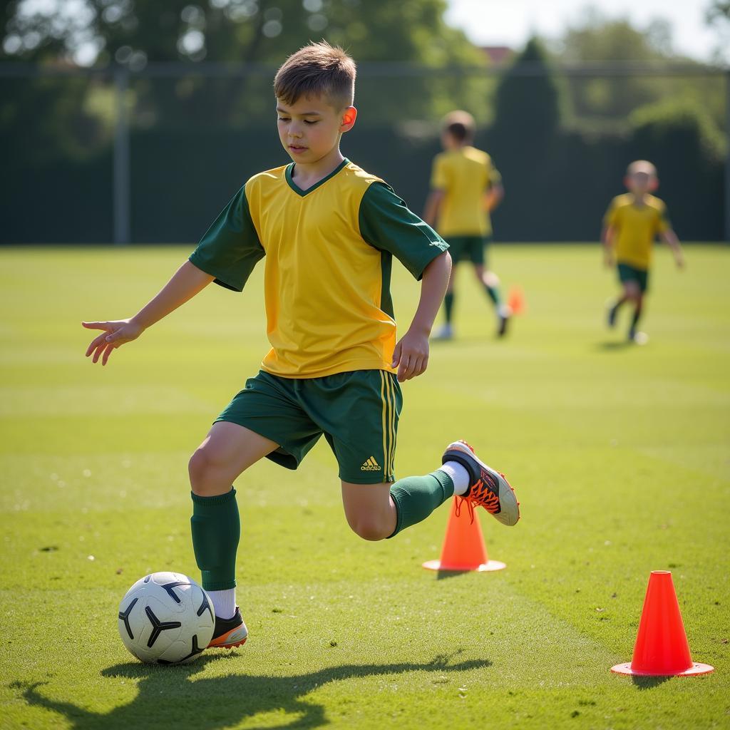 Young footballer dribbling through cones during training