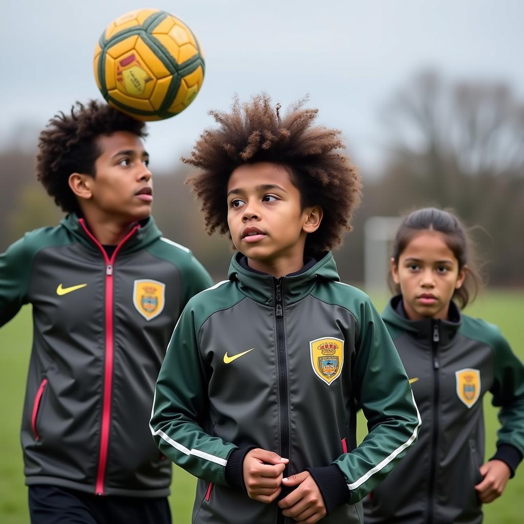 Young footballers emulate Yamal's aerial style, wearing similar jackets.