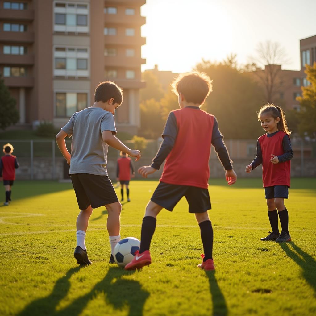 Young footballers practice corner kicks