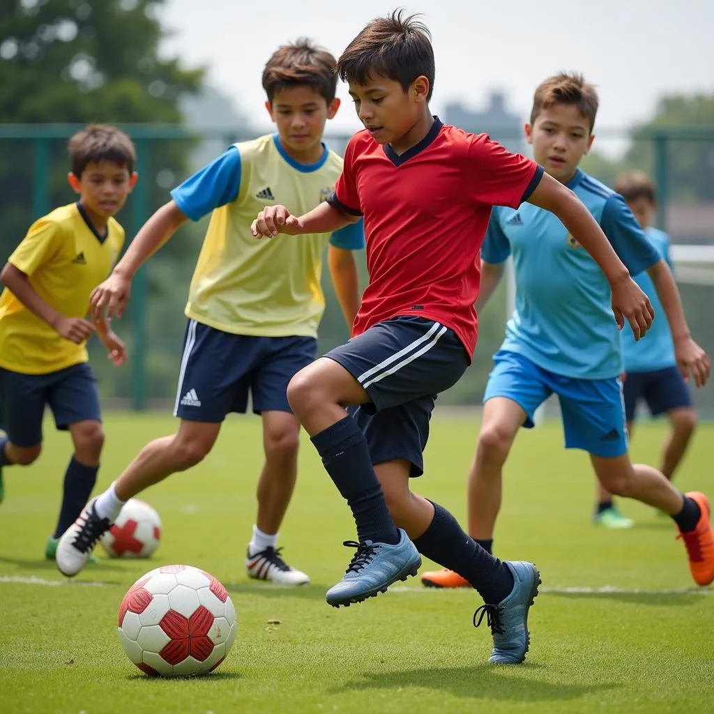 Young football enthusiasts diligently practicing the deck round technique.