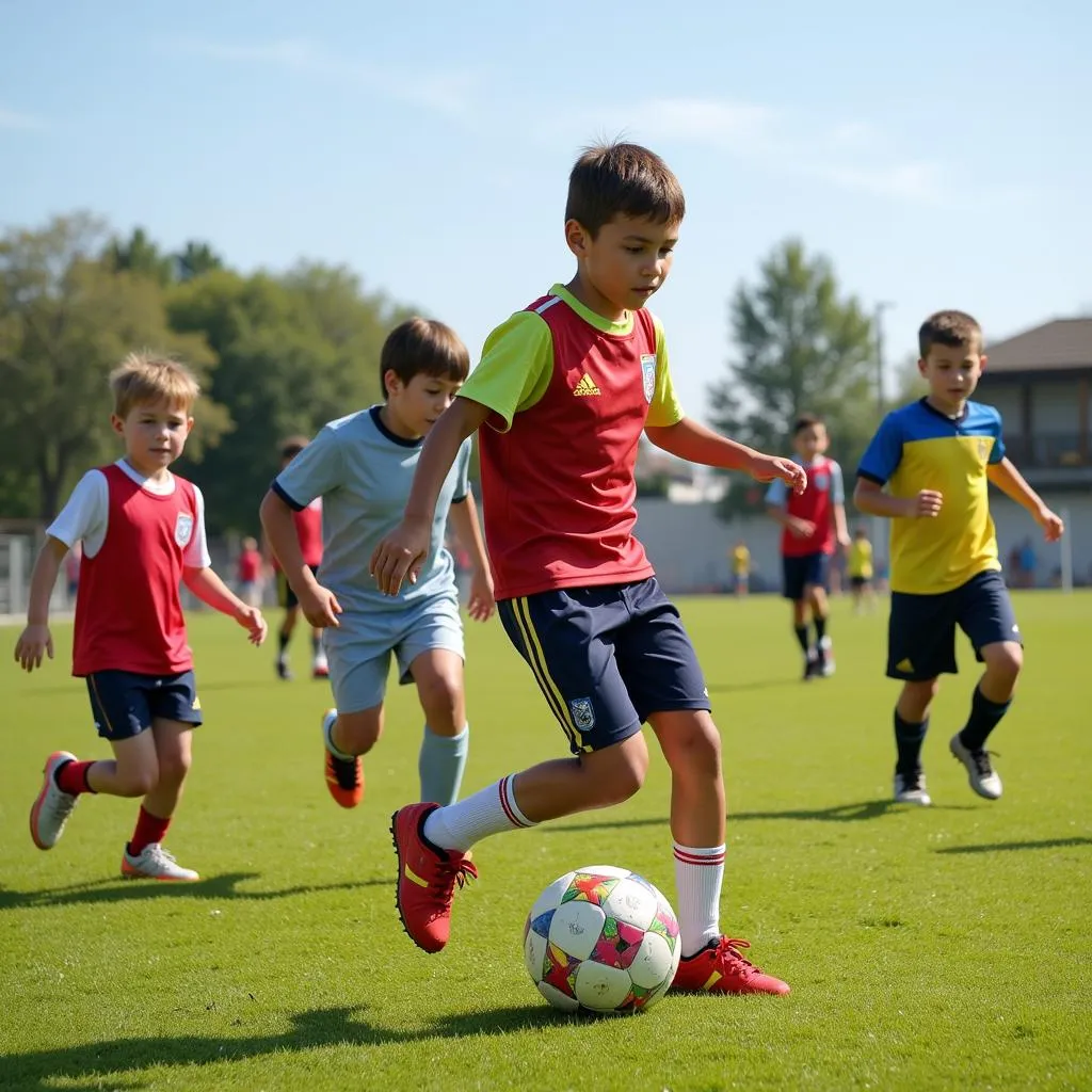 Young football players learning the hop rings technique