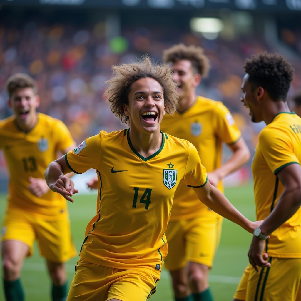 Young player celebrates scoring a goal