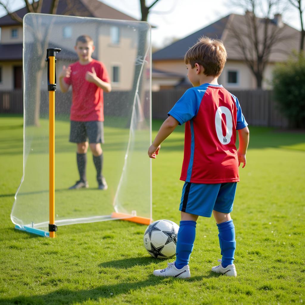 Young soccer player performing drills with a ghosting board