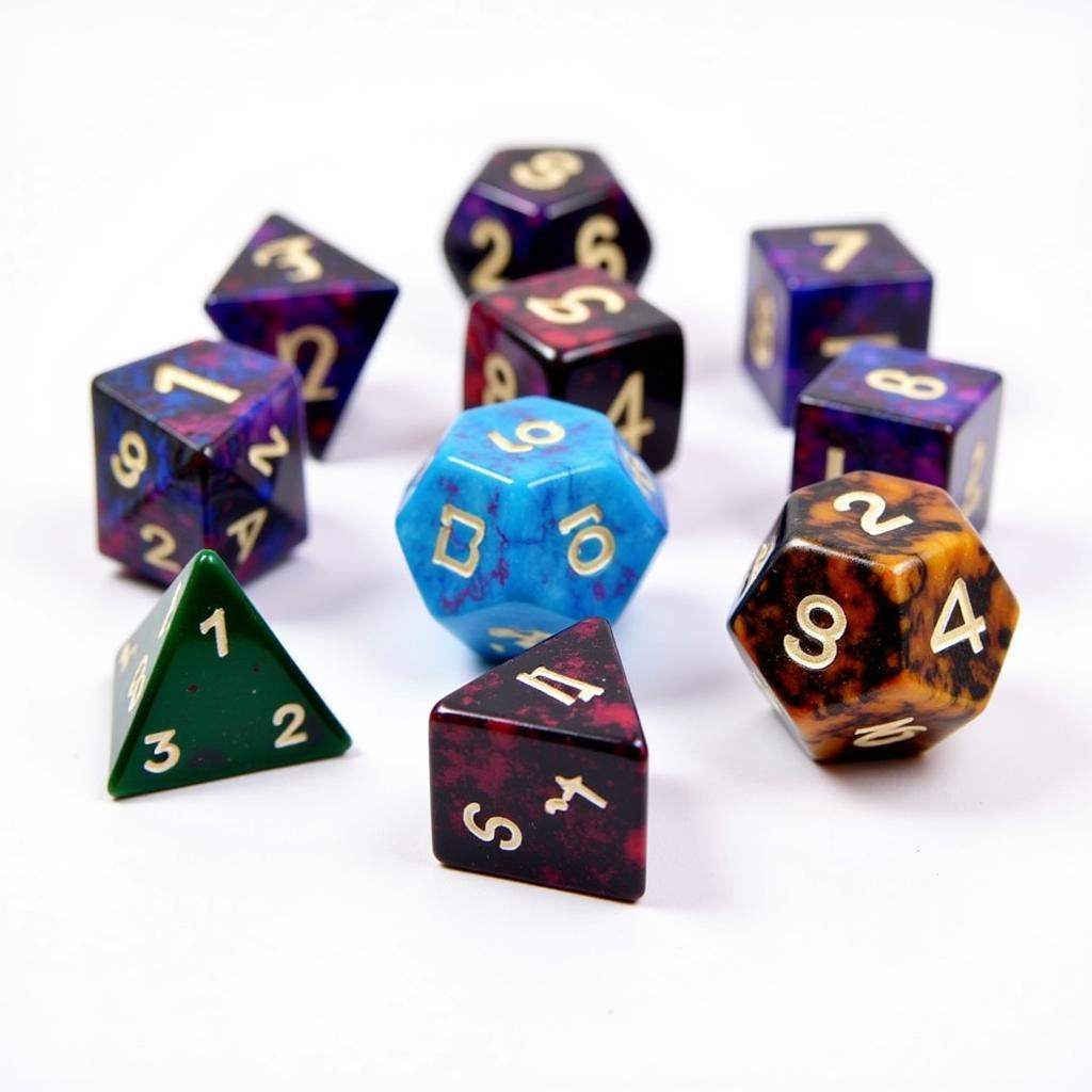 Various 11-piece dice sets showcase diverse materials and designs